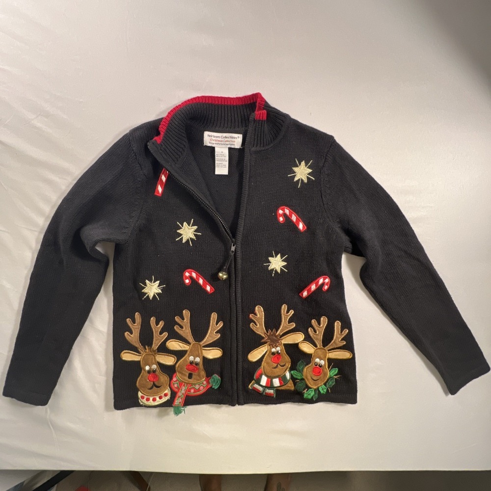 Heirloom Collectibles Knit Christmas Zip Cardigan Reindeer Small Reindeer Y2K
